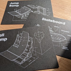 Skateboard BMX plans de rampe rétro et spécification de planche A5 art print set de 3 sur carte non revêtue 350gsm