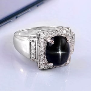 black star sapphire ring statement solid 925 sterling silver black gemstone
