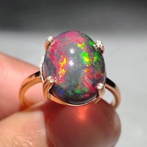 Genuine Black Opal Ring 925 Sterling Silver Rose Gold Ring Solitaire October Birthstone Rings Engagement Gorgeous Fire Opal Rings For Women