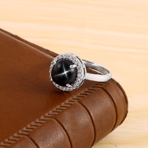 Bague saphir étoilé noir tendance femme bijoux en argent cadeau pour elle
