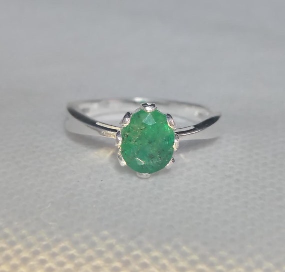 Bague Fiançailles Argent Sterling 925 - Émeraude Verte Naturelle Ovale - Taille Réglable 7 à 14 - Fait Main