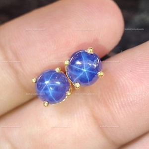 Natural Blue Star Sapphire Stud Earrings Solid 925 Sterling Silver Beautiful Tiny Stud Earrings For Women