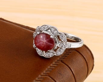 ruby star sapphire ring cluster wedding jewelry 925 solid sterling silver