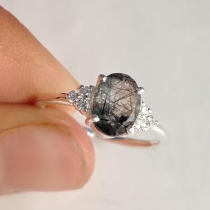 Natural Black Rutile Quartz Ring Engagement Rutilated Quartz Ring 925 Sterling Silver Birthday Gifts For Her