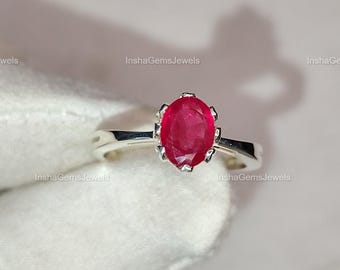 Dainty Natural Ruby Solitaire Ring 925 Sterling Silver July Birthstone Ring Classic Ruby Engagement Minimalist Ring Anniversary Gift for Her