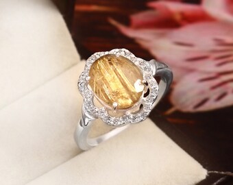 Golden Rutile Quartz Ring Statement Wedding Women Engagement Jewelry sterling 925 silver gift for her