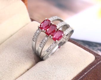 Anillo de rubí natural con piedra natal de julio, declaración de plata sólida 925, conjunto de joyas de tres piedras preciosas para mujer