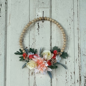 Wood bead wreath, hoop wreath