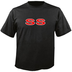 May include: Black t-shirt with the letters "SS" in red with a white outline. The short-sleeved shirt is made of a soft material and has a crew neck.