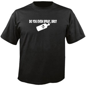May include: Black t-shirt with a white graphic of a spray bottle and the text "DO YOU EVEN SPRAY, BRO?". The graphic features the chemical formula "N2O" on the bottle. The shirt is a crew neck style.