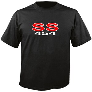 May include: Black t-shirt featuring the text "SS 454" in red with a white outline. The shirt has short sleeves and a crew neck. The design is centered on the chest.