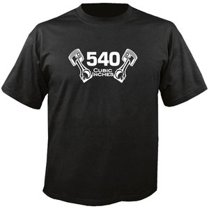 May include: Black t-shirt with a white graphic featuring two pistons and the text "540 CUBIC INCHES". The shirt has a crew neck and short sleeves. The graphic is centered on the front of the shirt.