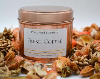 Fresh Coffee Scented Candle, Rose Gold Tin, Vegan Soy Wax, Handmade Aromatherapy