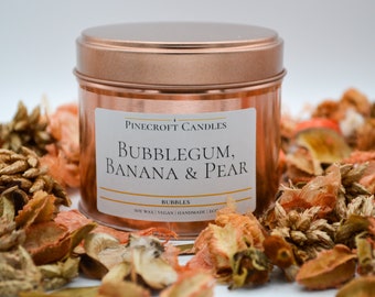 Bubblegum, Banana & Pear Scented Large 220ml Rose Gold Handmade Vegan Friendly Premium Soy Candle