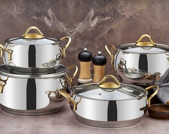 Evimsaray Sevval Series 8-piece Stainless Steel Cookware Set (Gold Handles)