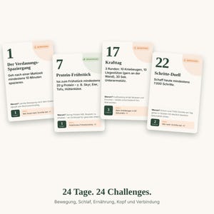 May include: Four rectangular challenge cards labeled 1, 7, 17, and 22, featuring German text instructions for daily health tasks. Below the cards, the text reads 24 Tage. 24 Challenges. Bewegung, Schlaf, Ern&auml;hrung, Kopf und Verbindung.