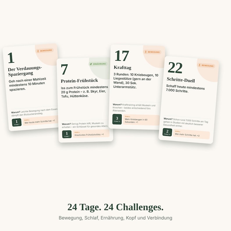 May include: Four rectangular challenge cards labeled 1, 7, 17, and 22, featuring German text instructions for daily health tasks. Below the cards, the text reads 24 Tage. 24 Challenges. Bewegung, Schlaf, Ern&auml;hrung, Kopf und Verbindung.