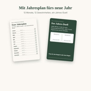 May include: Two rectangular cards for a yearly habit challenge. The left card is cream with a list of months from January to December and checkboxes. The right card is dark green with text titled Das Jahres-Duell and two boxes for player scores.