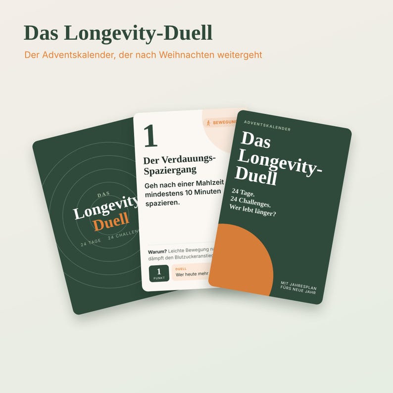 May include: Three rectangular cards titled Das Longevity-Duell. The dark green cards feature white text, a large orange circle, and a challenge card numbered 1, titled Der Verdauungs-Spaziergang, which instructs to walk for 10 minutes after a meal.