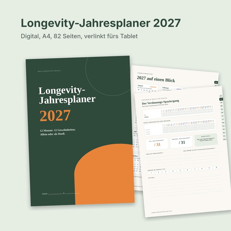 Planificador anual de longevidad 2027 (digital): Registro de hábitos para parejas y amigos, 12 hábitos saludables, planificador semanal, PDF para GoodNotes imagen 1