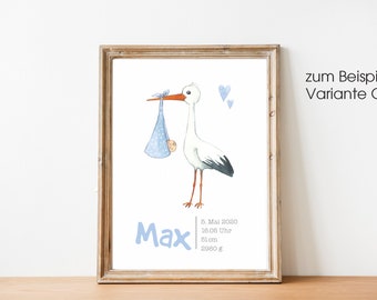 Mural, Children's Painting Stork, Personalized, A4, Nursery Decoration, Birth Gift