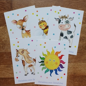 Einladungskarten Kindergeburtstag Biene, Kuh, Pony, Sonne, Reh