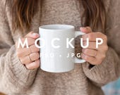 White 11oz Mug Mockup Template, Blank Coffee Cup Hand Held Mockup, PSD Smart Object