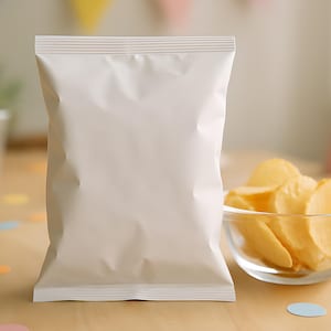 May include: A white, blank potato chip bag stands next to a clear glass bowl filled with golden potato chips. The chips are on a light wooden surface with colorful confetti.