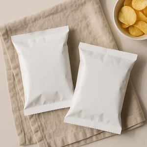 May include: Two white, sealed food packages rest on a beige linen napkin, with a small white bowl filled with golden potato chips in the upper right corner. The scene is set against a neutral background, suggesting a snack or food product.