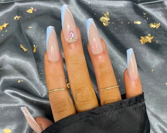 Luxe Baby Blue French Tip False Gel Nails,Custom Press on Nails, Reusable Nails,Stick on Nails,XL Coffin, Baby Blue Gem Nails, False Nails