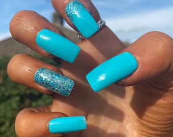 Luxe Blue Ombre Glitter Gel Nails, Custom Press on Nails, Reusable Nails, Stick on Nails, Long SquarePress on Nails, Ombre Nails, Fake Nails