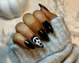 Luxe Halloween Black Scare Face Nails,Custom Press on Nails, Reusable Nails, Stick on Nail,Medium Stiletto Fake Nails,Scary Gel False Nails