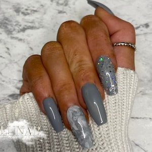 Luxe Grey Marble Glitter Gel Nails, Custom Press on Nails, Reusable Nails, Stick on Nails, Long Coffin Fake Nails, Glitter Gel False Nails