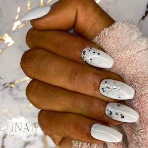 Luxe White Glitter Ombre Gel Nails, Custom Press on Nails, Reusable Nails, Stick on Nails, Coffin Fake Nails, Ombre Glitter Gel False Nails