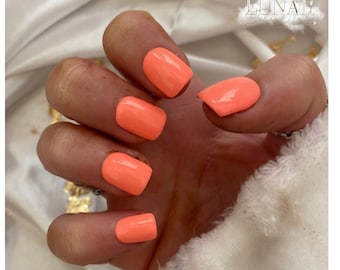 Coral Neon Press On Nails: Long Coffin, Custom, Reusable
