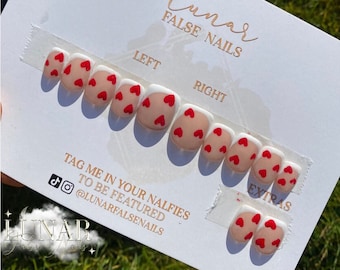 Luxe Red Hearts French Tip False Gel Nails,Custom Press on Nails, Reusable Nails,Stick on Nails,Medium Square, French Tip Nails, False Nail