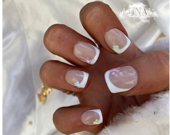 Luxe Flower Pastel French Tip False Gel Nails,Custom Press on Nails, Reusable Nails,Stick on Nails,Medium Square,French Tip Nails,False Nail