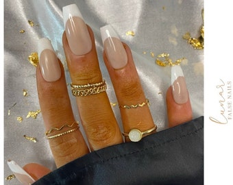 Luxe French Tip False Gel Nails,Custom Press on Nails, Reusable Nails,Stick on Nails, Long Coffin, French Tip Nails, False Nails, French Tip