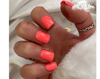 Peach Blossom Neon Coffin Press On Nails: Custom Reusable Gel Nails