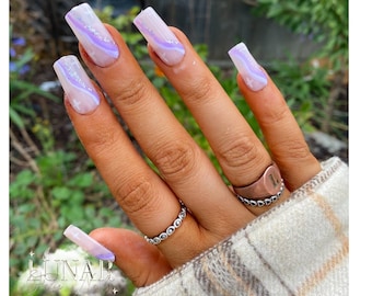 Purple Glitter Swirl Press On Nails: Medium Square, Reusable Gel False Nails