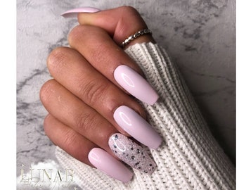 Luxe Baby Pink Glitter Coffin Press On Nails: Reusable Fake Nails