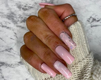 Luxe Baby Pink Marble Glitter Gel Nails Custom Press On Etsy Polska