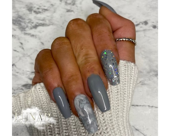Luxe Grey Marble Glitter Gel Nails, Custom Press on Nails