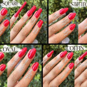 May include: A close-up of a hand model showing different nail shapes and sizes, including short oval, XS squoval, XS oval, short square, short square (curved), new XS squoval, new 3XL square, XL square, square, long square, long oval, medium oval, new midi oval, new medium square, long coffin, medium coffin, short coffin, long stiletto (was medium stiletto), medium stiletto (new), short stiletto, 2XL stiletto (was XL stiletto), XL stiletto (was long stiletto), 3XL pinched coffin, 2XL pinched coffin, XL pinched coffin, XL coffin.