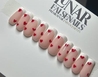 Red Hearts French Tip Press On Nails: Luxe Valentines Reusable False Nails