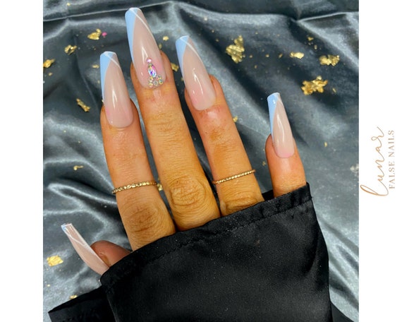 Luxe Baby Blue French Tip False Gel Nailscustom Press On Etsy