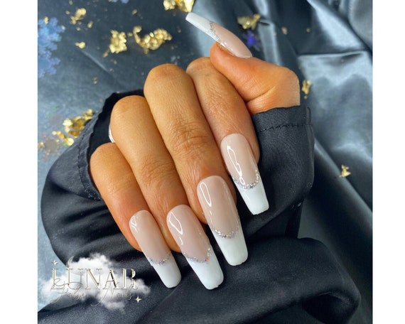 Buy White and Nude French Press on Nails Coffin Nails White and Nude Fake  Nails Classic Wedding Reusable 24 False Nail Acrylic Nails Online in India  - Etsy