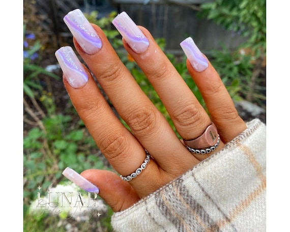 Luxe Purple Glitter Swirl Gel Nails, Custom Press on Nails