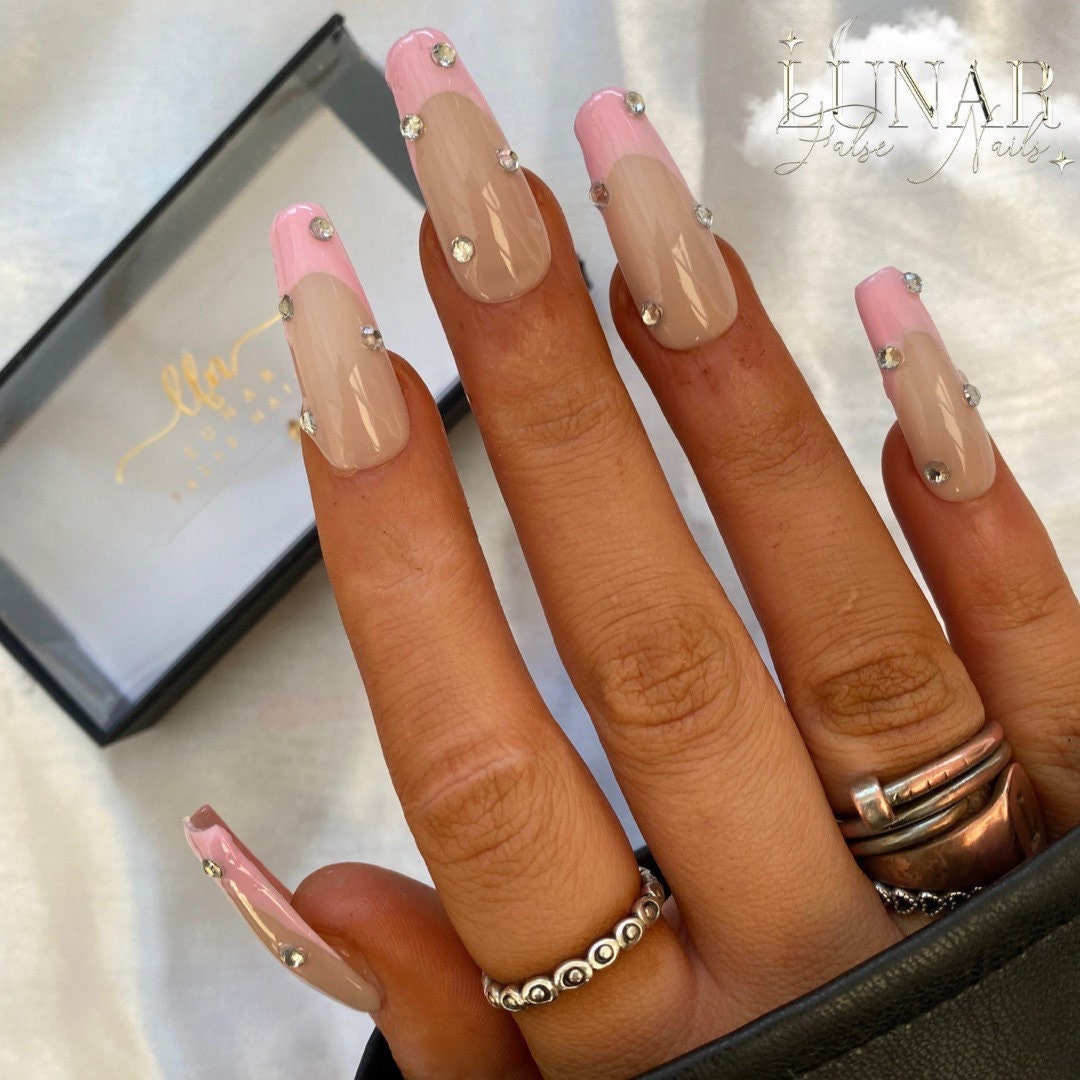 Luxe Gem Pink Gem French Tip Glitter Press on Nails, Gel Nails, Custom  Press on Nails,reusable Nails, Stick on Nails, Pink Gel False Nails 