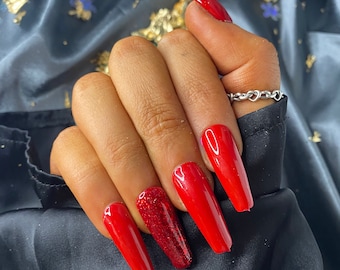Red Glitter Press On Nails – Hand Painted Reusable Nail Set